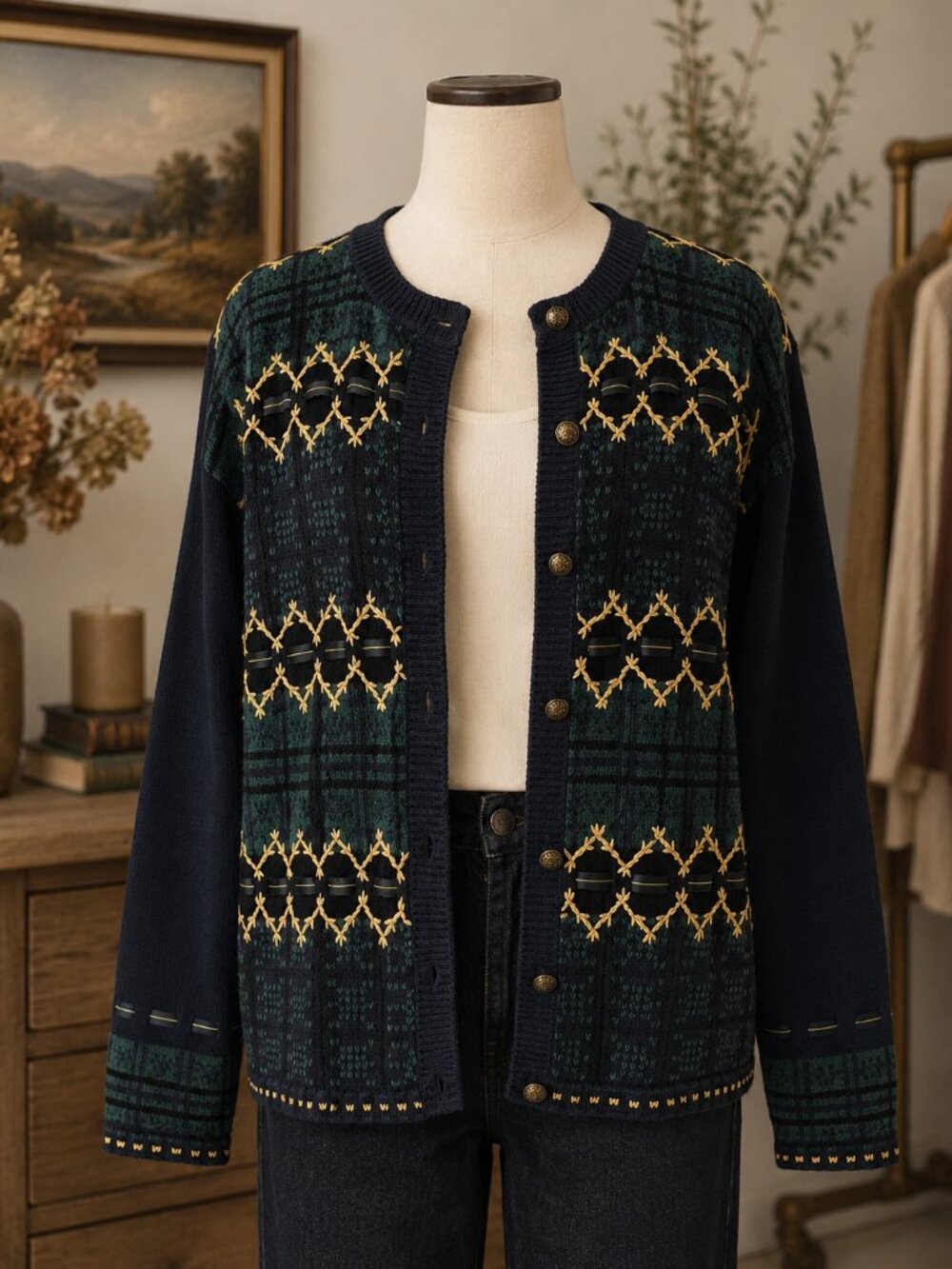Vintage Christopher & Banks L Plaid Embroidered Cardigan Ramie Cotton Gold